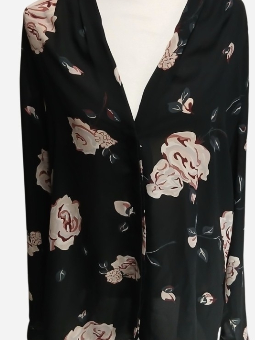 Violet + Claire Floral Blouse XL Black Pink Rose Long Sleeve Split Neck Top